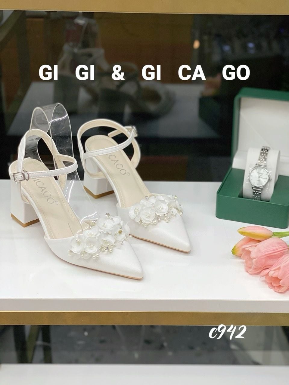 Cao gót vuông hở gót nhiều HOA WD trơn C942
