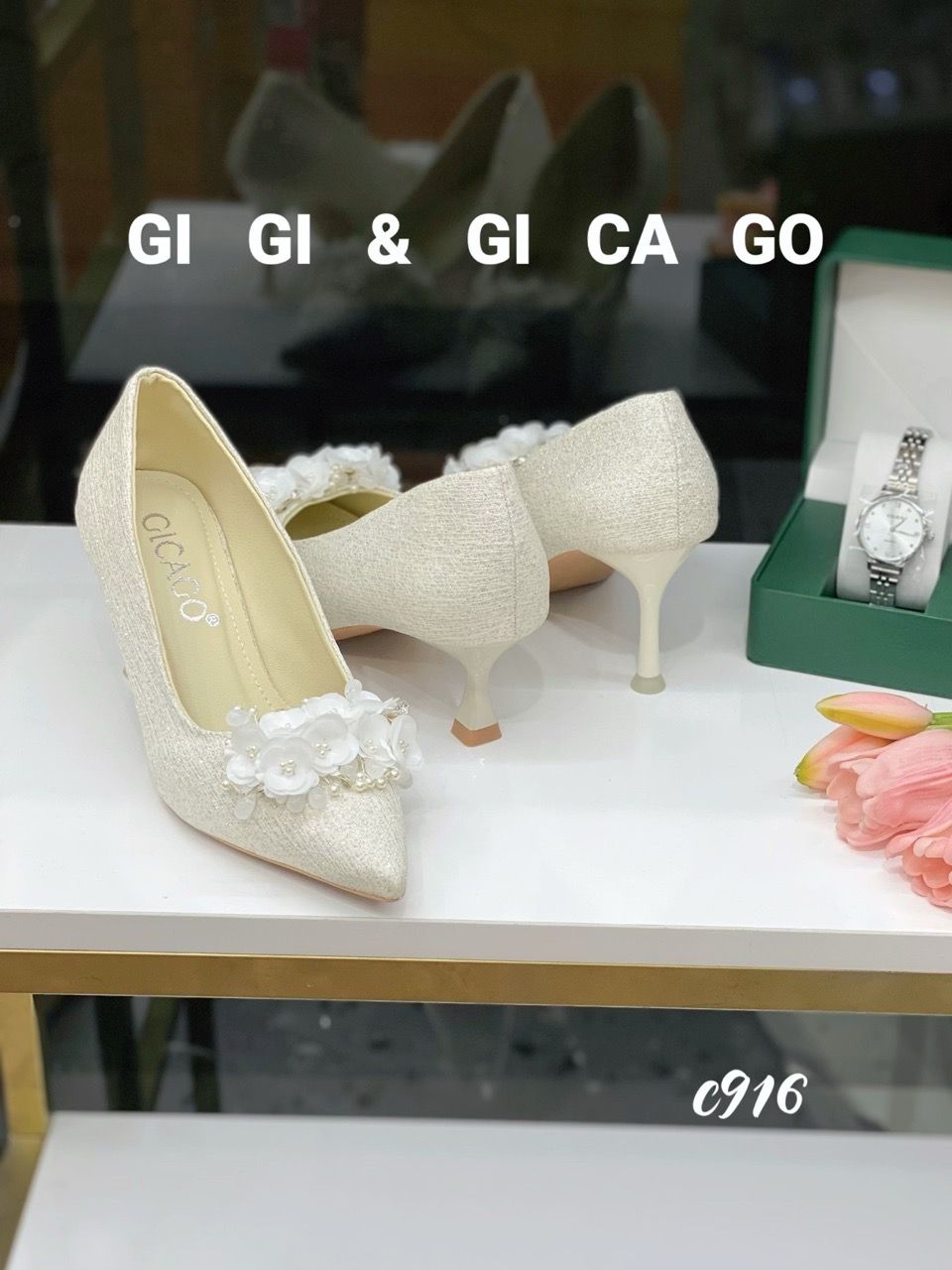 Cao gót nhọn kim tuyến đính HOA WD C916