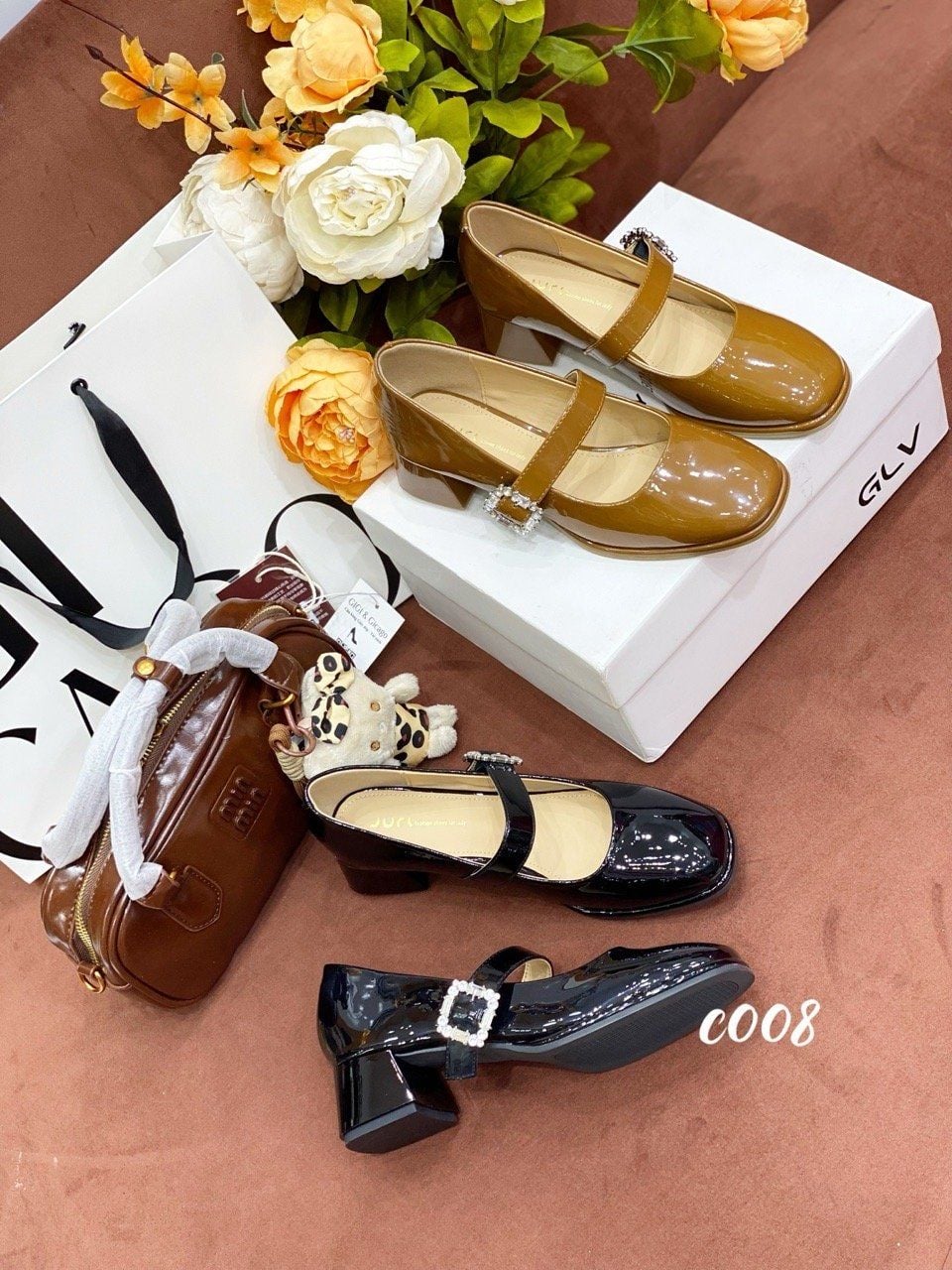 Cao gót vuông mũi tròn da trơn Loli C008