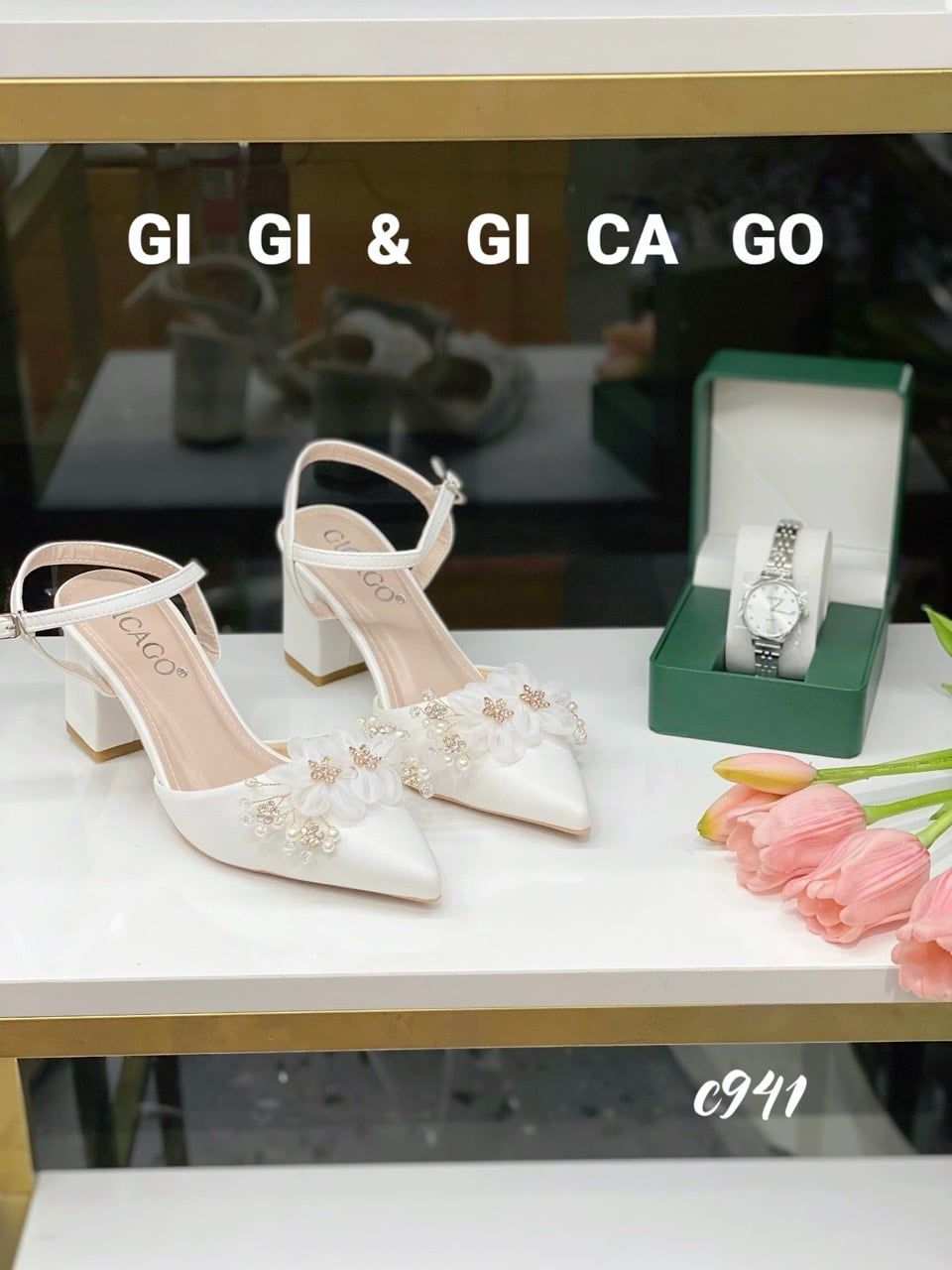 Cao gót vuông hở gót 2 HOA WD C941
