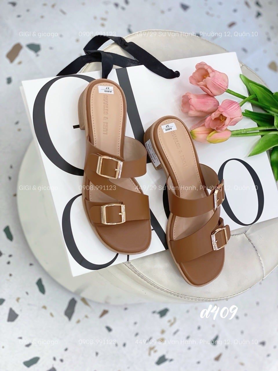 Guốc gót vuông 2 dây D409