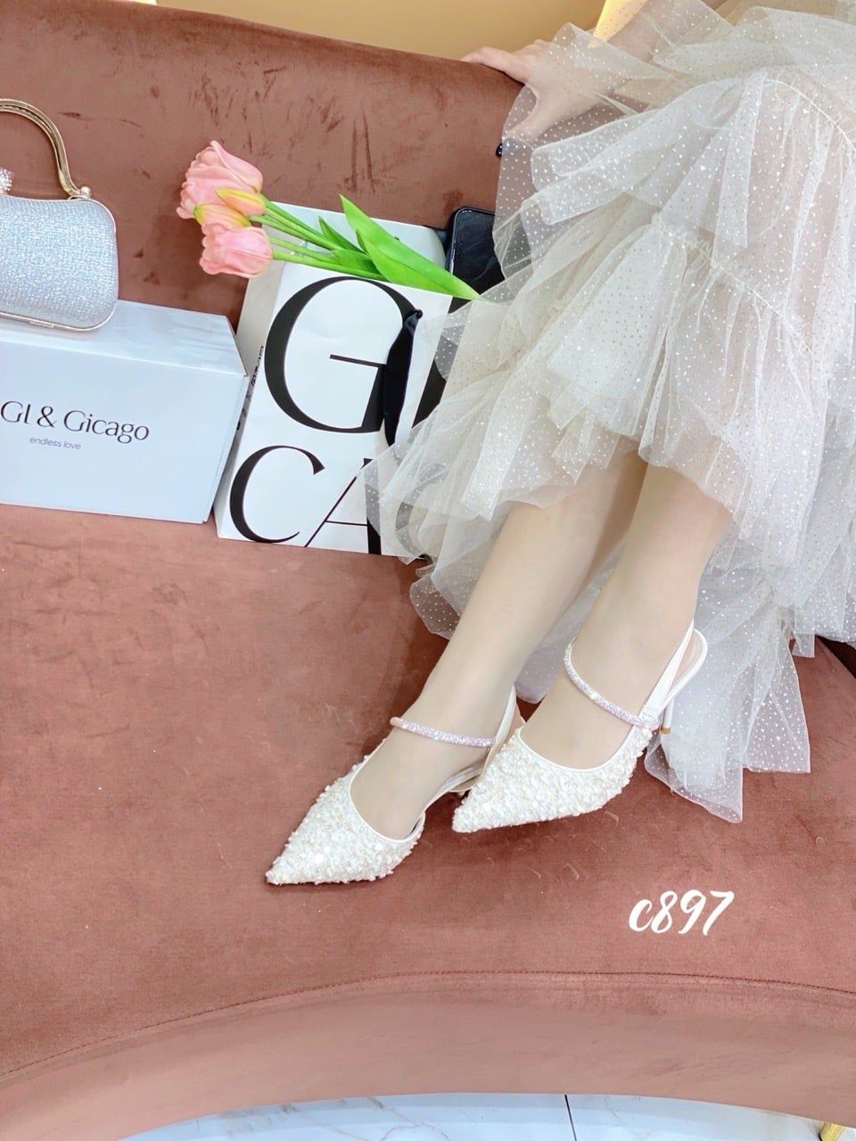 Cao gót nhọn hở gót tweed C897