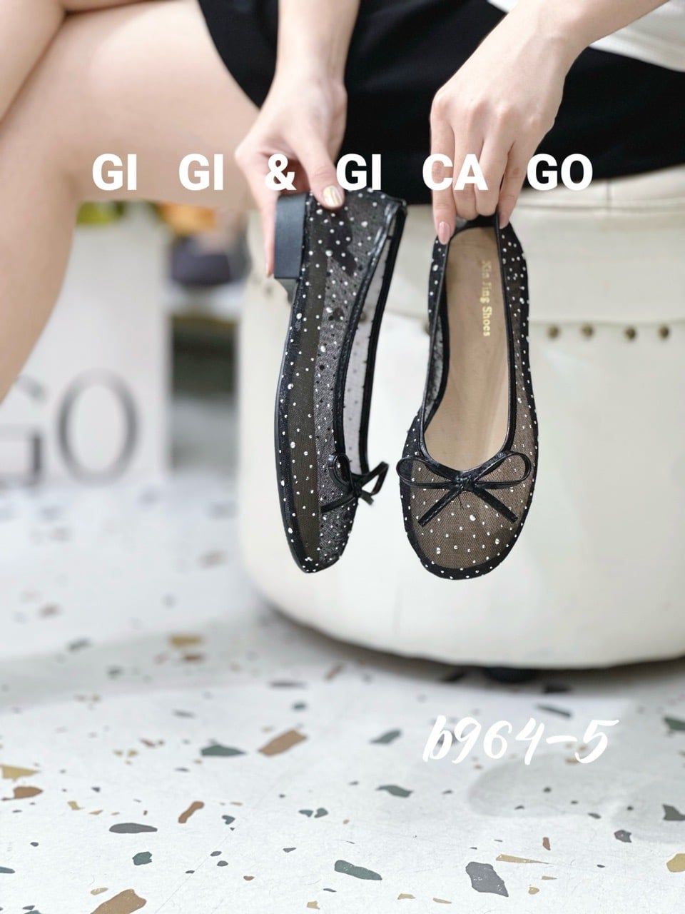 Giày búp bê lưới Nơ đính đá B964