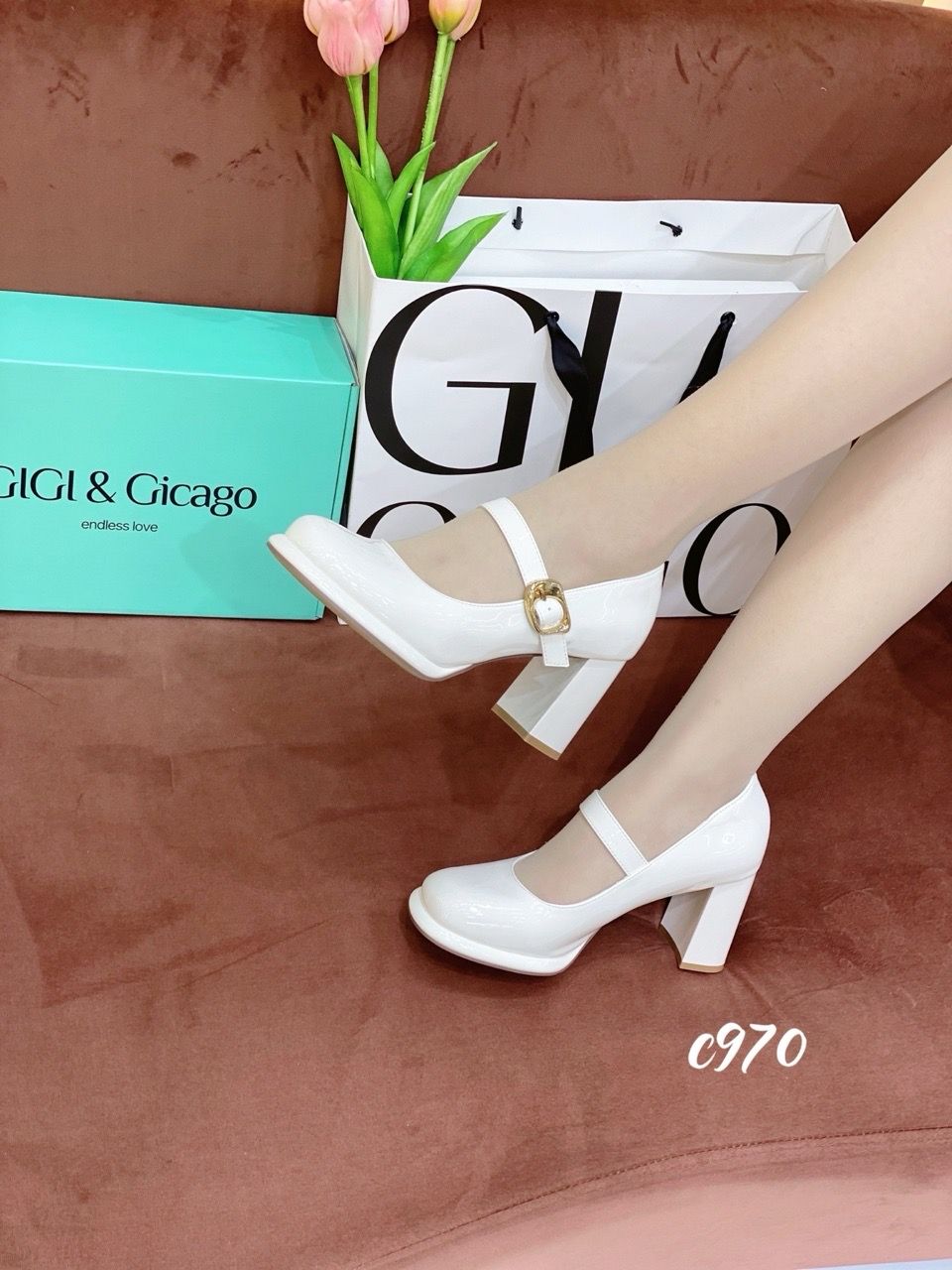 Cao gót vuông mũi tròn da trơn C970