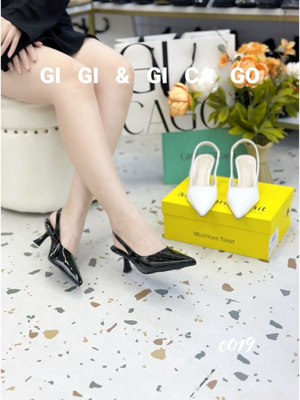 Cao gót nhọn da trơn hở gót C019