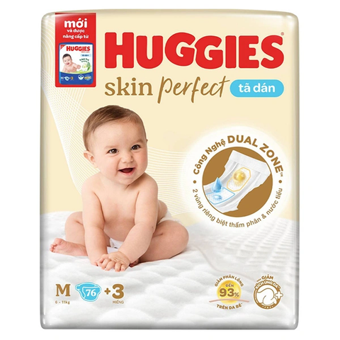Tã dán Huggies Skin Perfect size M76 (6 - 11kg) - Tinh chất tràm trà ngăn hăm tã