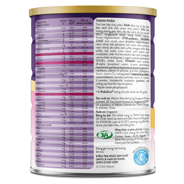 Sữa Pediasure 800g vani ít ngọt cho bé 1-10 tuổi