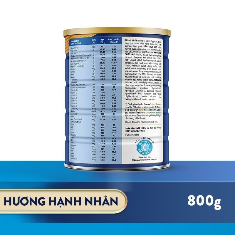 Sữa Bột Ensure Gold Green Health 800g hương Hạnh nhân – Dinh Dưỡng Xanh Đạm Thực Vật