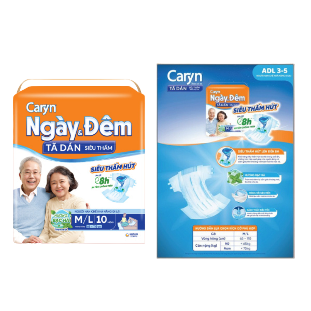 Tã/Bỉm Dán Caryn Ngày và Đêm M/L10 miếng hương bạc hà tã người lớn siêu thấm