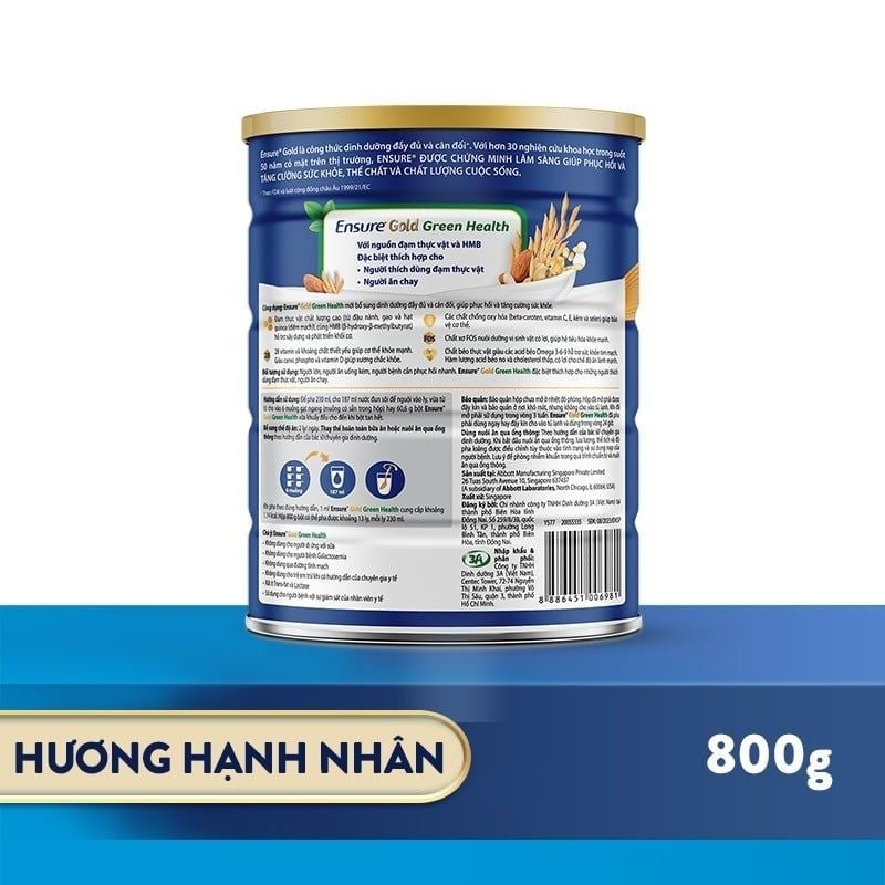 Sữa Bột Ensure Gold Green Health 800g hương Hạnh nhân – Dinh Dưỡng Xanh Đạm Thực Vật