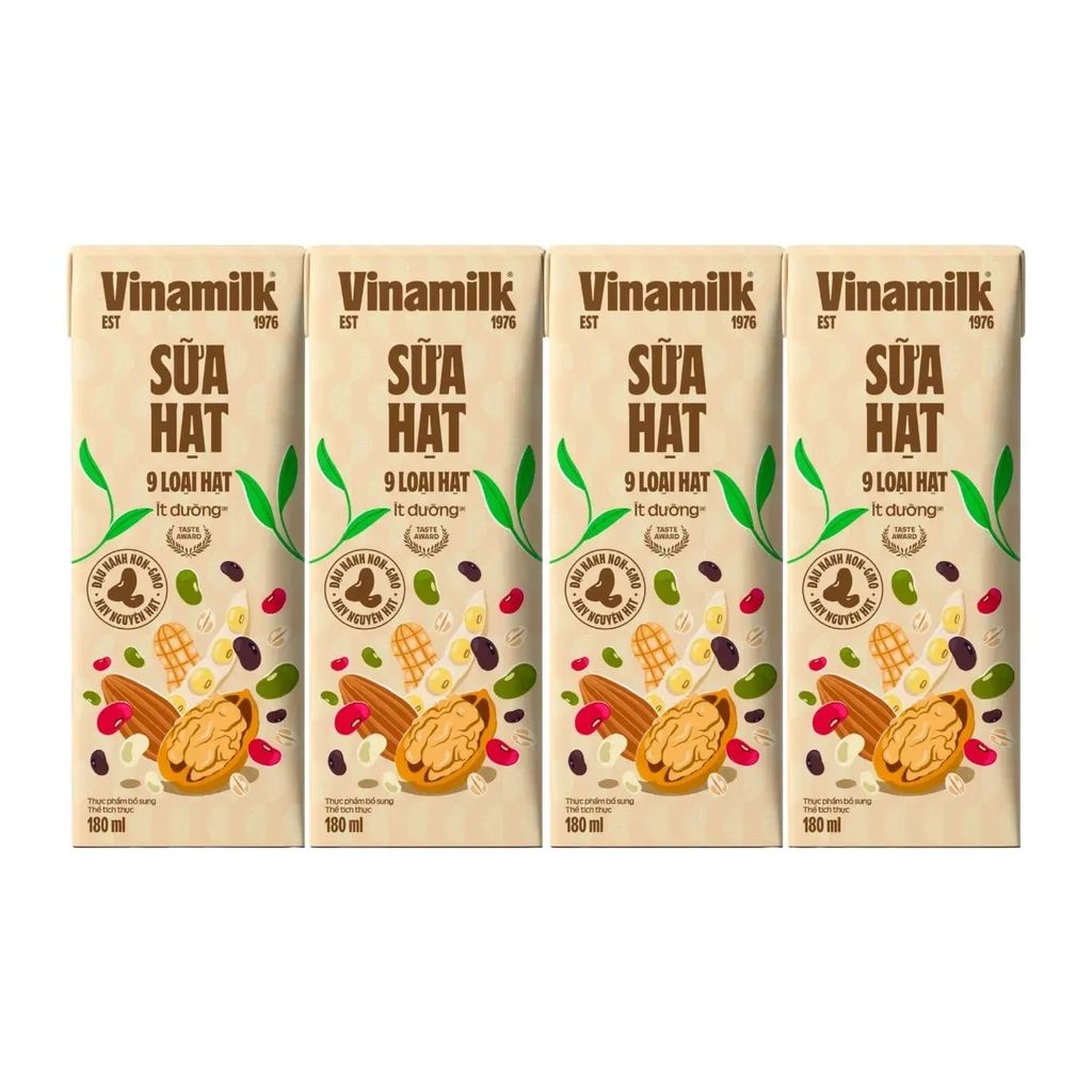 Lốc 4 hộp sữa 9 loại hạt Vinamilk Super Nut 180ml Ít Đường