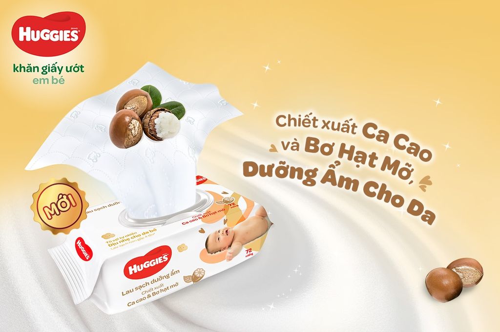 Khăn ướt Huggies chiết xuất cacao và bơ hạt mỡ 72 miếng
