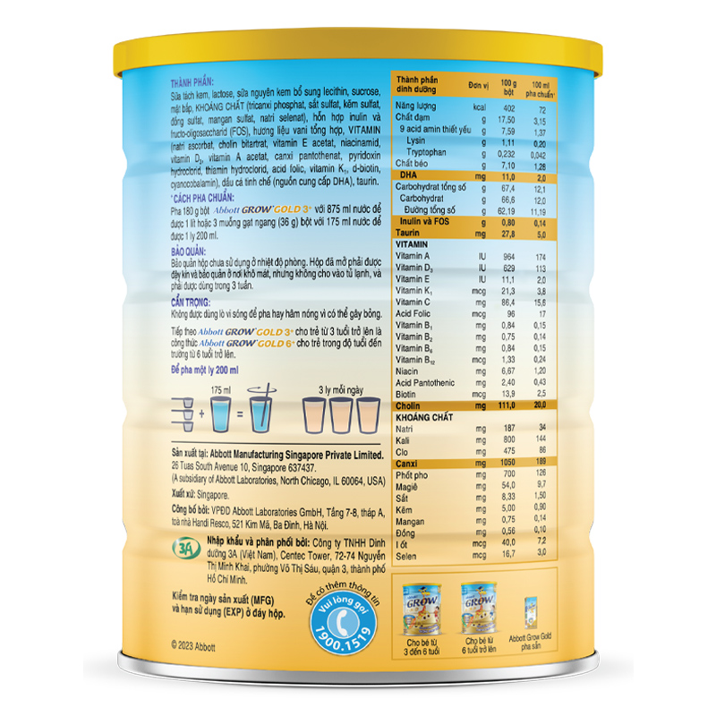 Sữa bột Abbott Grow Gold 3+ 850g hương Vani (3-6 tuổi)