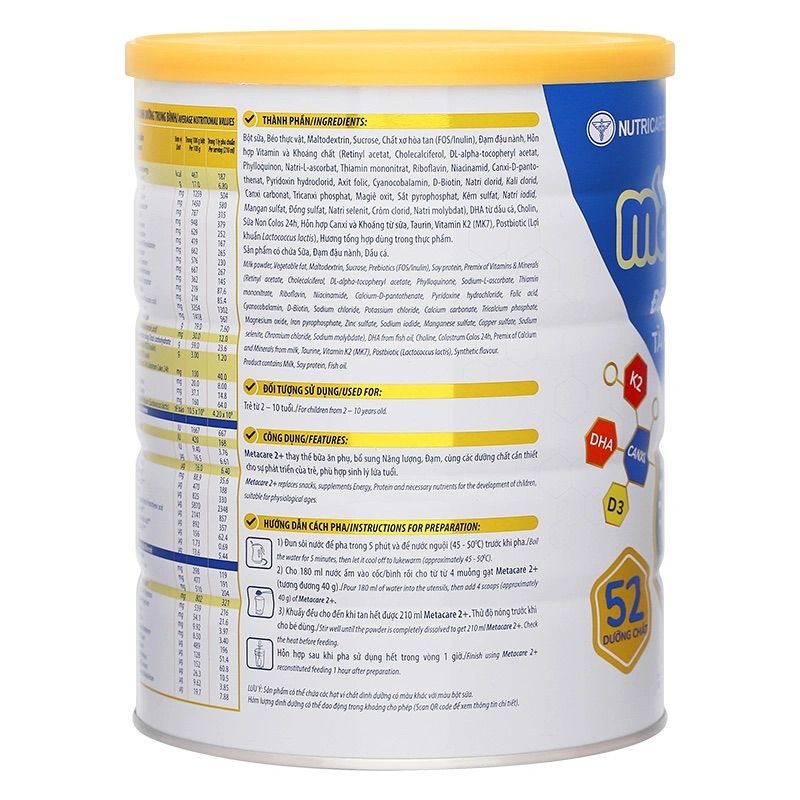 Sữa bột MetaCare Eco 2+ 850g cho bé 2-10 tuổi
