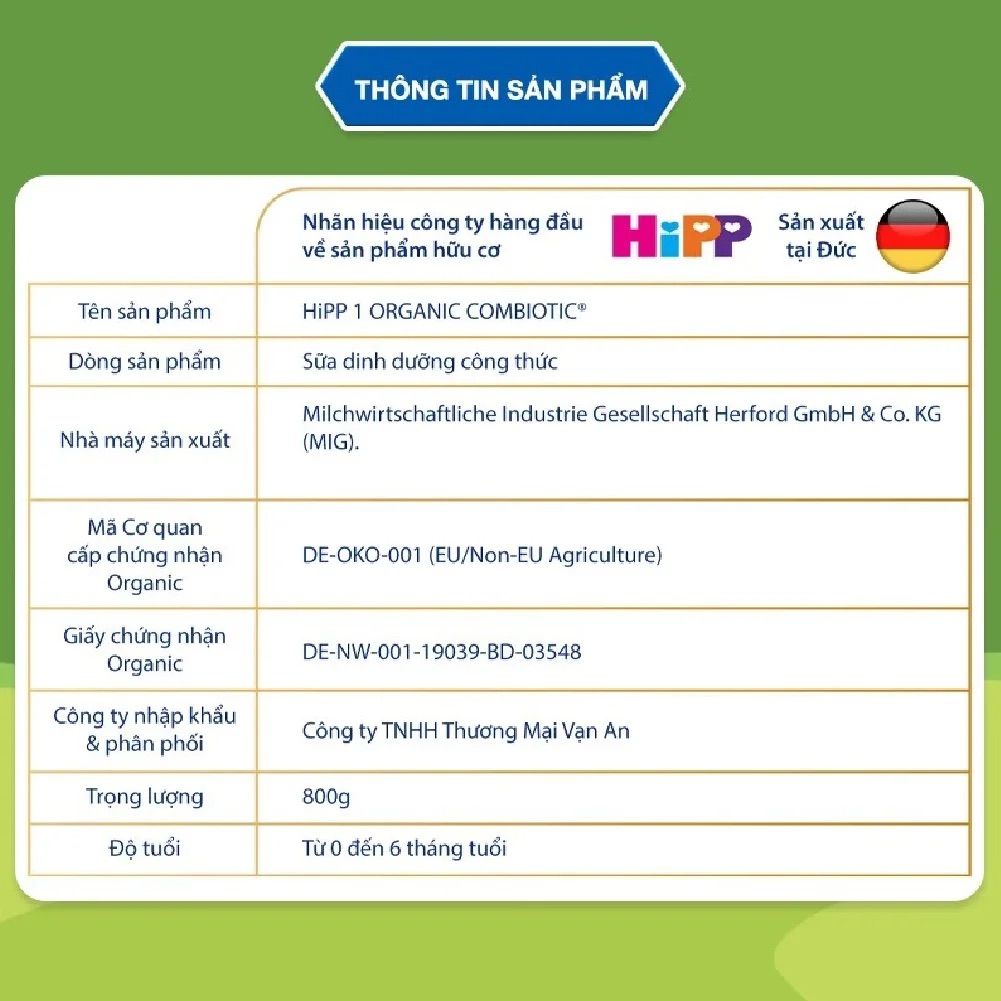 Sữa HiPP Organic Combiotic số 1 800g (0-6 tháng)