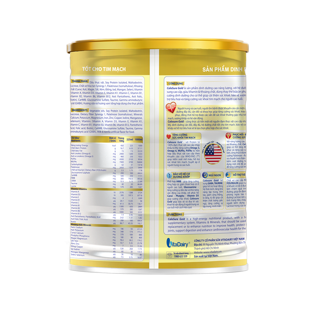 Sữa bột CaloSure Gold Vitadairy ít đường, tăng cường sức khỏe tim mạch, hồi phục sức khỏe 900g
