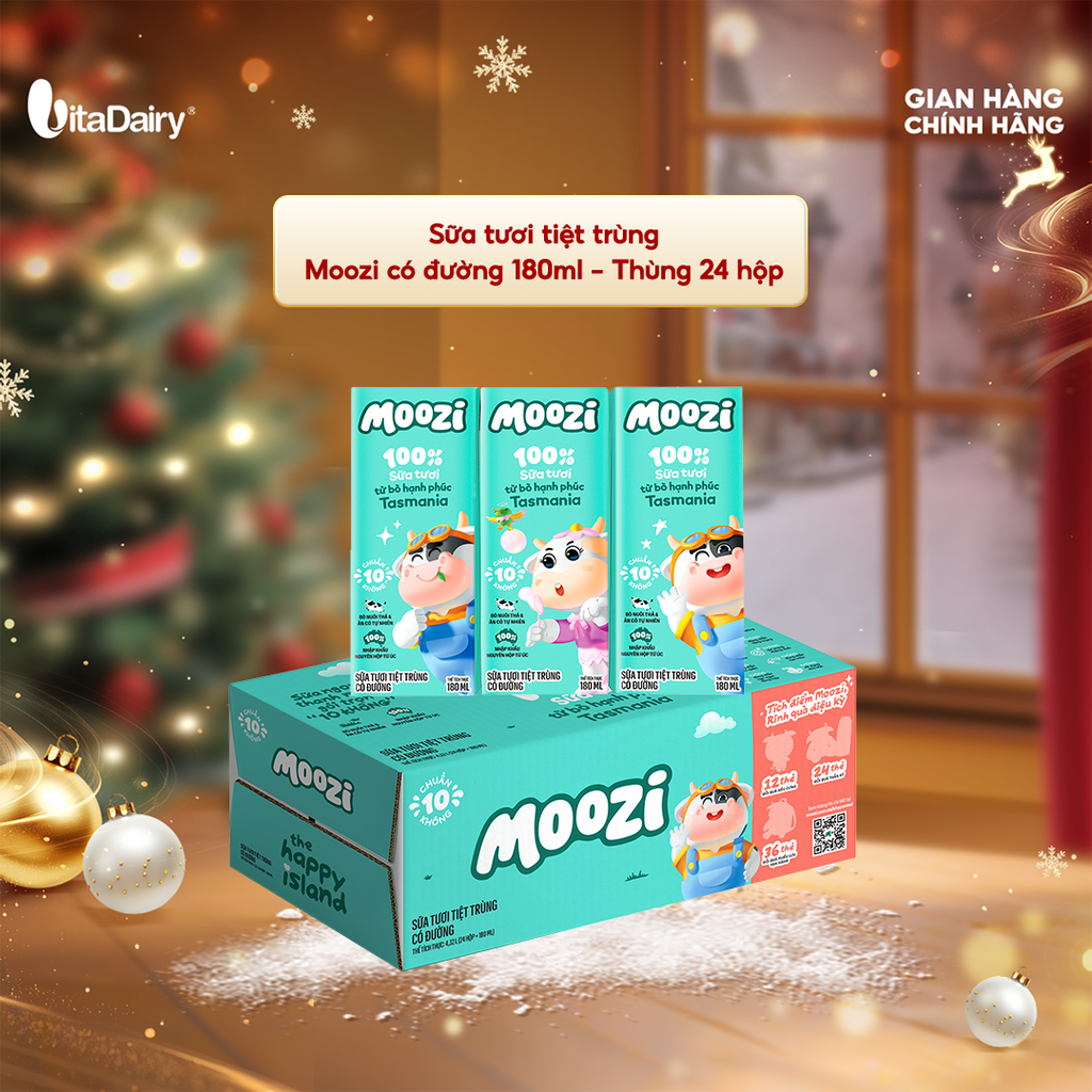 Thùng 24 hộp Sữa tươi tiệt trùng Moozi có đường 180ml