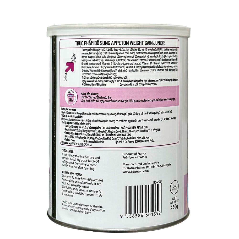 Sữa bột Appeton Weight Gain Junior 450g (3-12 tuổi)