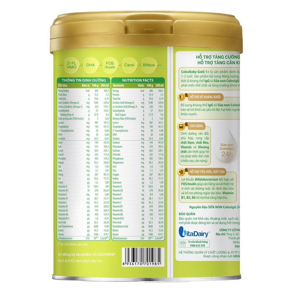 Sữa Colosbaby Gold Vị Thanh Nhạt 1+ 800g (1-2 tuổi)