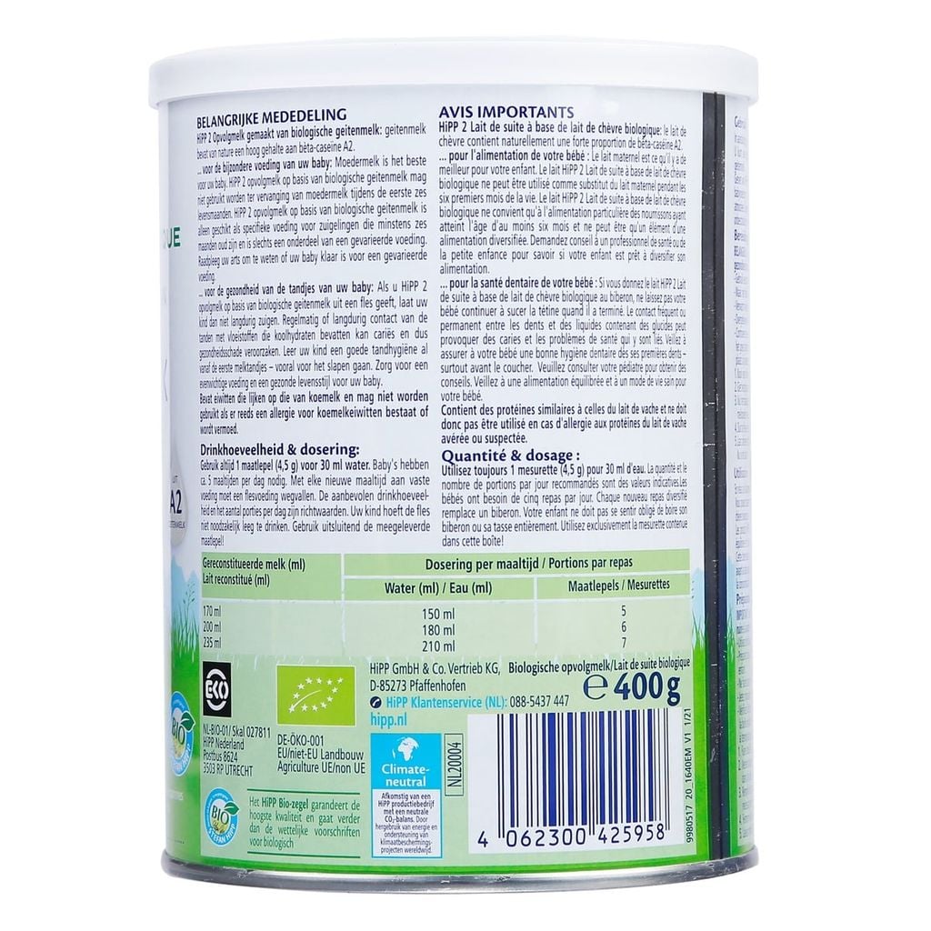 Sữa dê HiPP Organic số 2 400g (6 - 12 tháng)