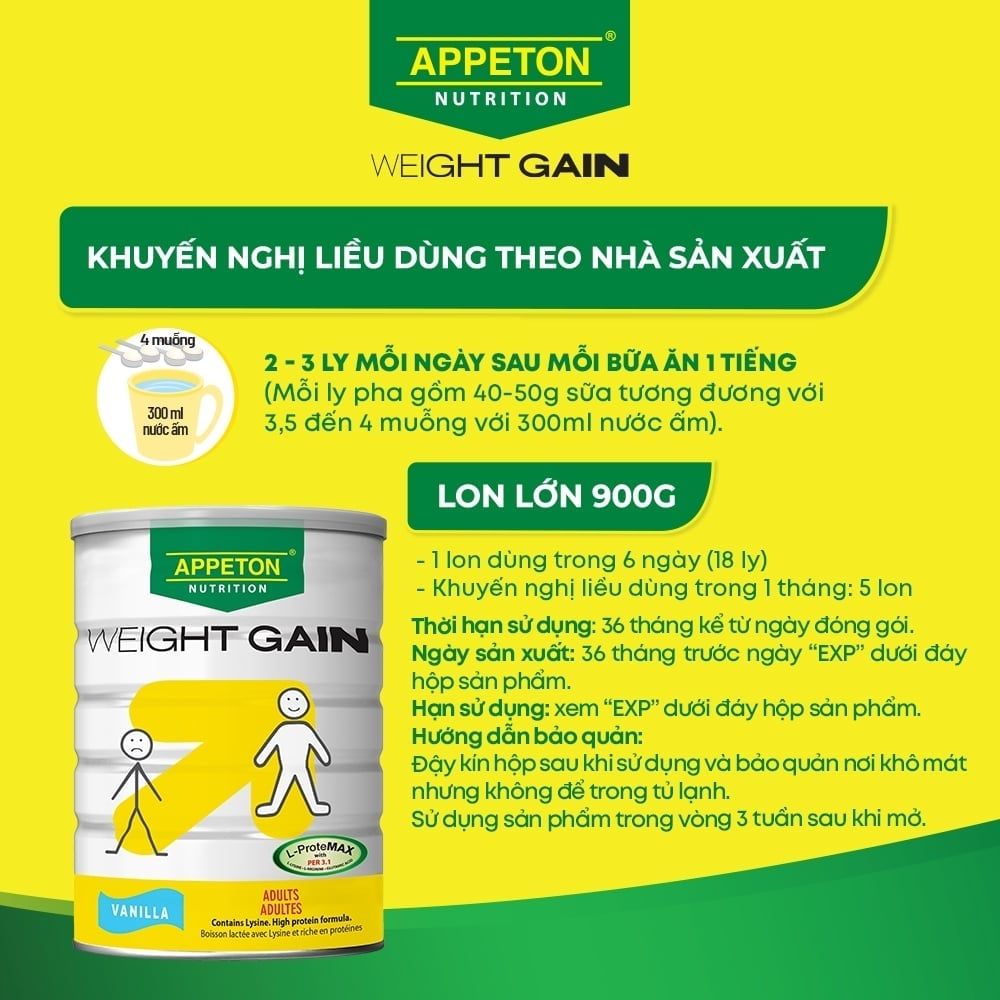 Sữa bột Appeton Weight Gain Lon 900g Vị vani – Sữa cho người gầy
