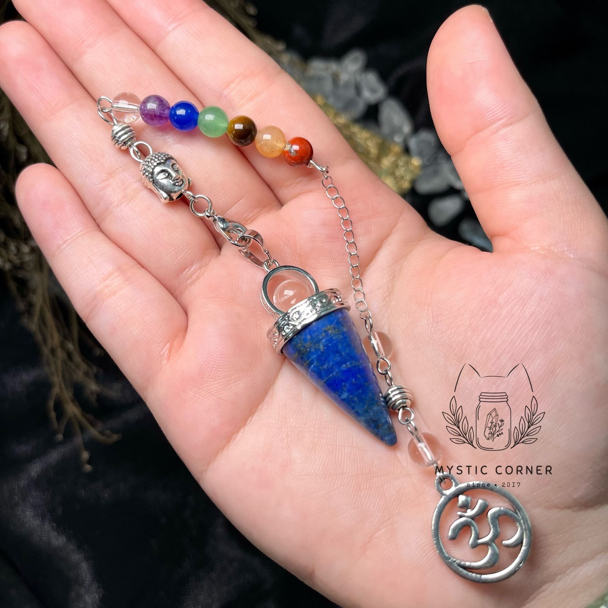  Con lắc cảm xạ đá Lapis Lazuli dây 7 luân xa charm Buddha, Om 