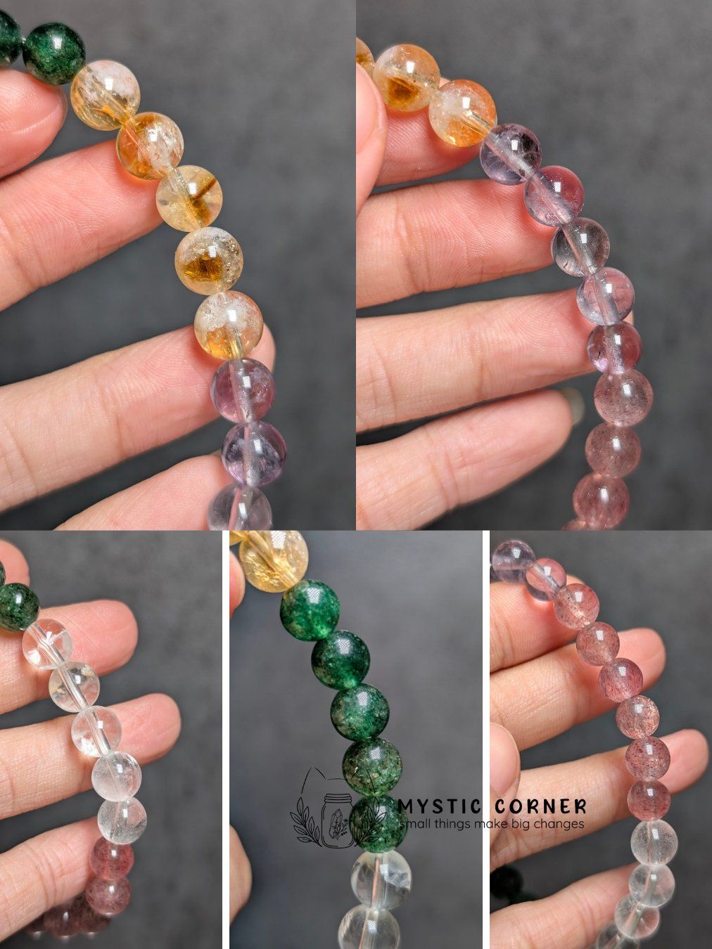  Vòng Ngũ Hành Mix Đá Citrine, Clear, Amethyst, Dâu đỏ, Dâu xanh 