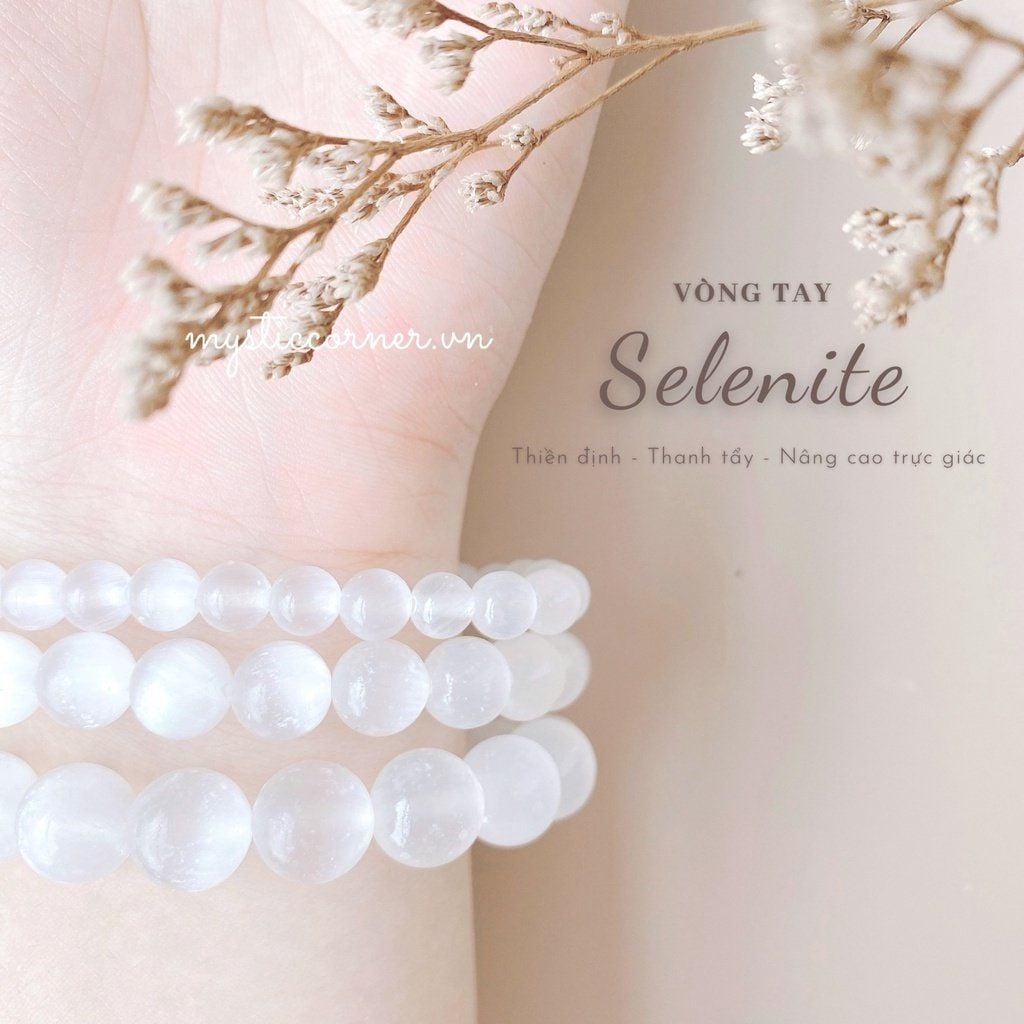  Vòng tay đá Selenite, vòng chuỗi hạt đá 6 li, 8 li 