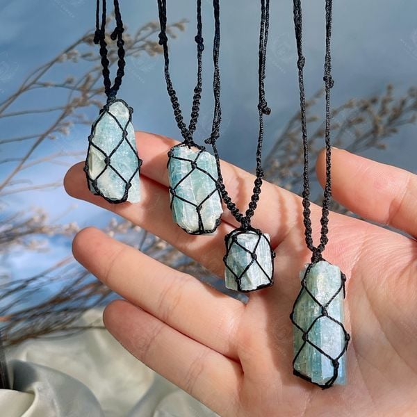  Vòng cổ, vòng tay đan macrame đá thô Aquamarine, dây chuyền đá phong thuỷ hỗ trợ sự tự tin, giao tiếp, luân xa 5 