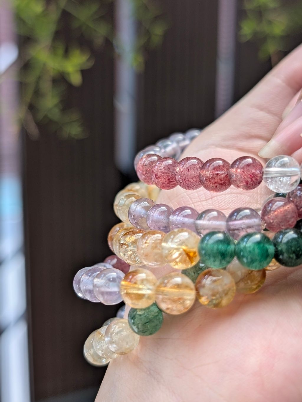  Vòng Ngũ Hành Mix Đá Citrine, Clear, Amethyst, Dâu đỏ, Dâu xanh 