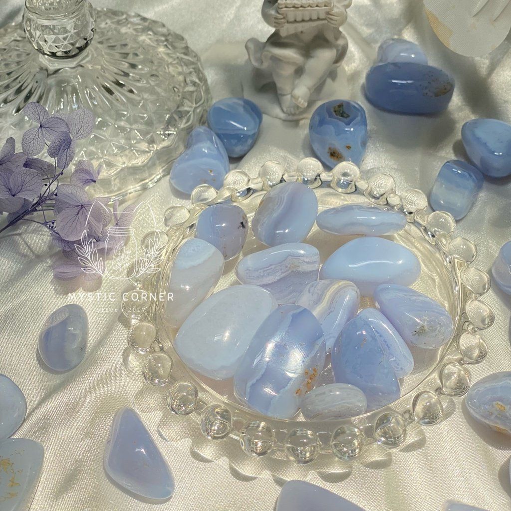  Tumbled Blue Lace (Viên đá Mã Não Ren), đá hỗ trợ luân xa 5, đá thạch anh, đá thanh tẩy, đá phong thuỷ 