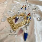  Con lắc cảm xạ đá thạch anh trắng Clear Quartz dây 7 luân xa charm Buddha, Om 