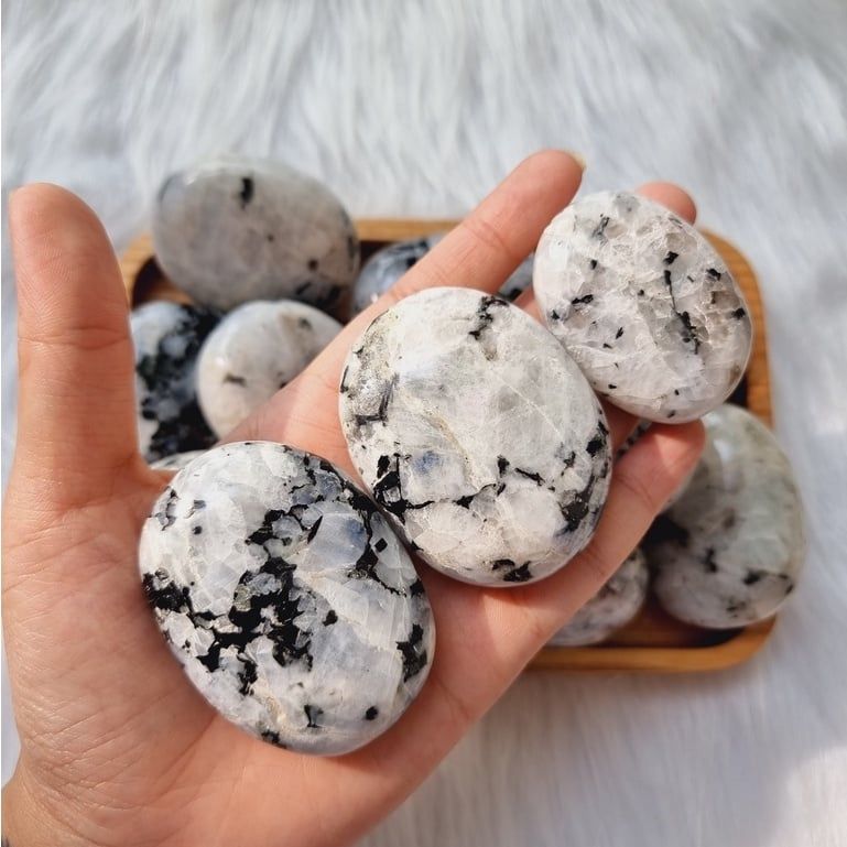  Viên đá Mặt trăng (Rainbow Moonstone Palm) tự nhiên, đá thanh tẩy trong Tarot, Reiki, thiền định, phong thủy 