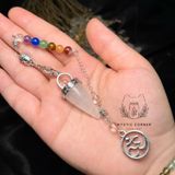  Con lắc cảm xạ đá thạch anh trắng Clear Quartz dây 7 luân xa charm Buddha, Om 