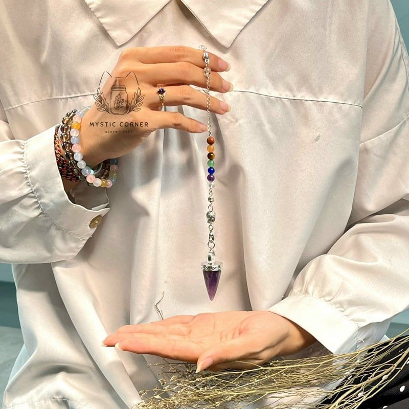  Con lắc cảm xạ đá thạch anh trắng Clear Quartz dây 7 luân xa charm Buddha, Om 