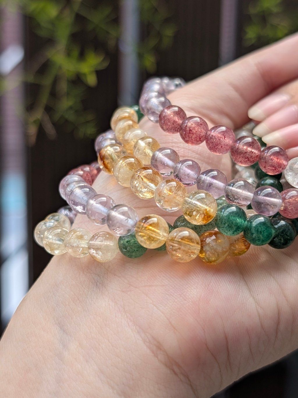  Vòng Ngũ Hành Mix Đá Citrine, Clear, Amethyst, Dâu đỏ, Dâu xanh 