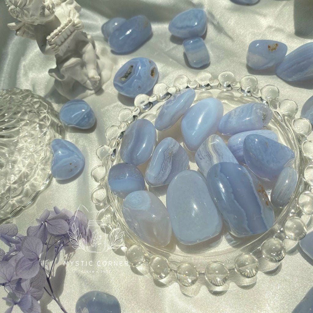  Tumbled Blue Lace (Viên đá Mã Não Ren), đá hỗ trợ luân xa 5, đá thạch anh, đá thanh tẩy, đá phong thuỷ 