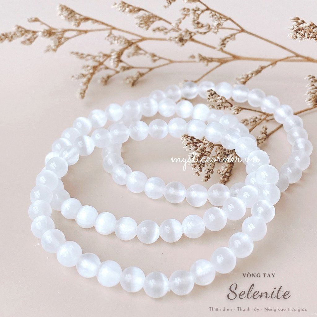  Vòng tay đá Selenite, vòng chuỗi hạt đá 6 li, 8 li 