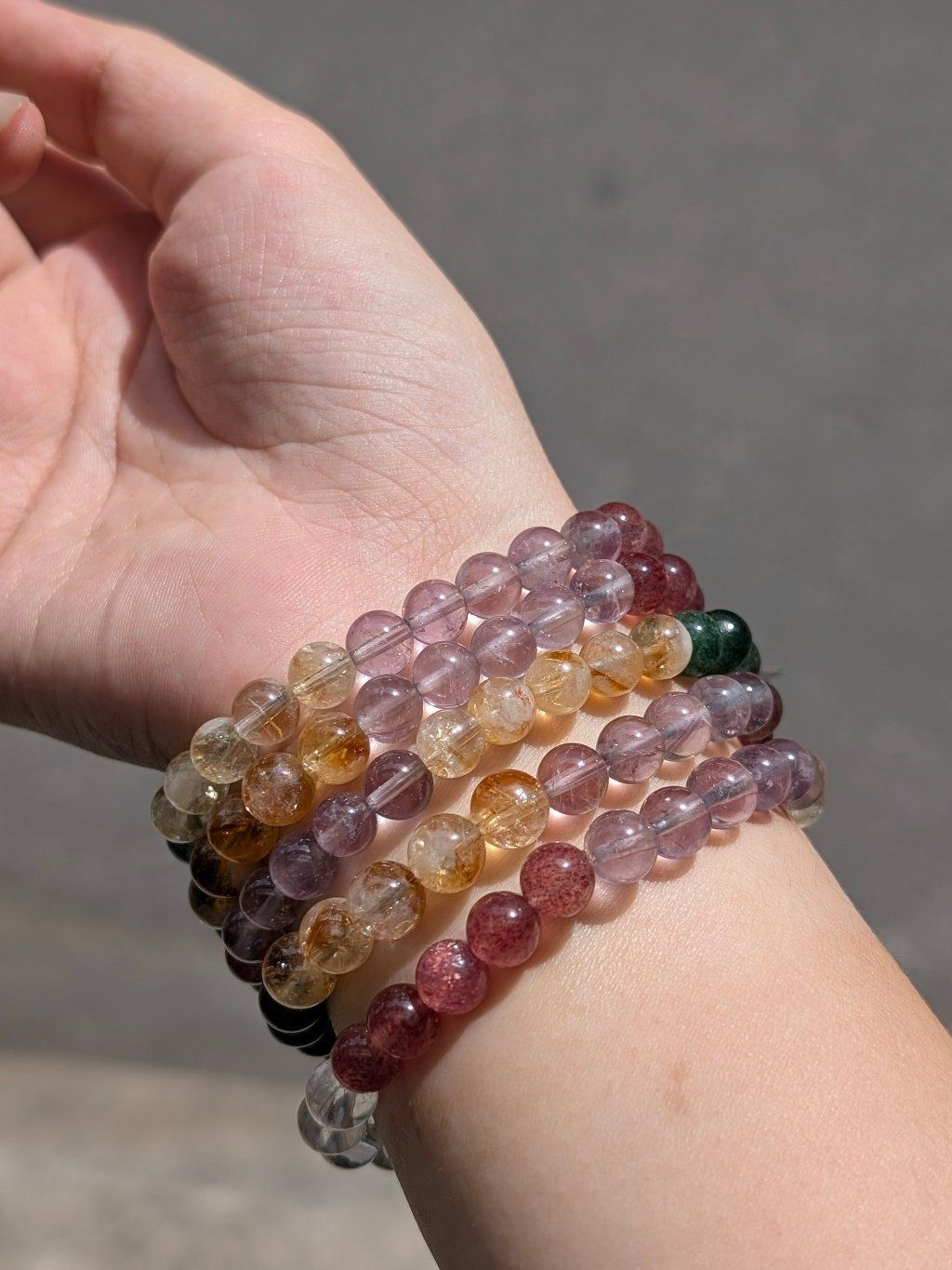  Vòng Ngũ Hành Mix Đá Citrine, Clear, Amethyst, Dâu đỏ, Dâu xanh 