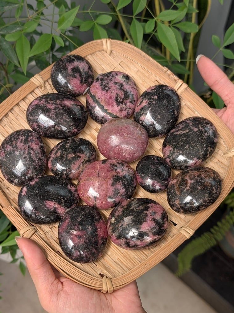  Viên Palm Đá Tường Vi Rhodonite Chữa Lành Cảm Xúc Cộng Sinh Black Tourmaline| Thanh Tẩy Tarot, Reiki 