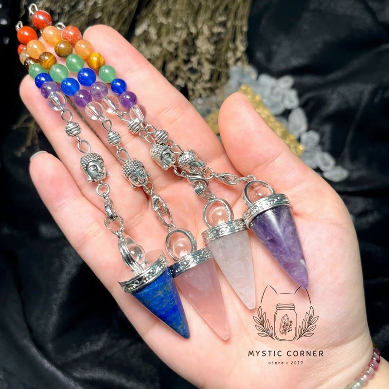  Con lắc cảm xạ đá thạch anh trắng Clear Quartz dây 7 luân xa charm Buddha, Om 