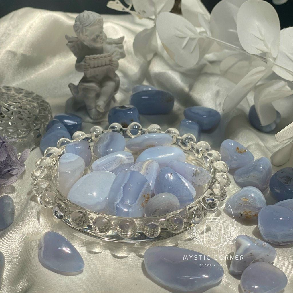  Tumbled Blue Lace (Viên đá Mã Não Ren), đá hỗ trợ luân xa 5, đá thạch anh, đá thanh tẩy, đá phong thuỷ 