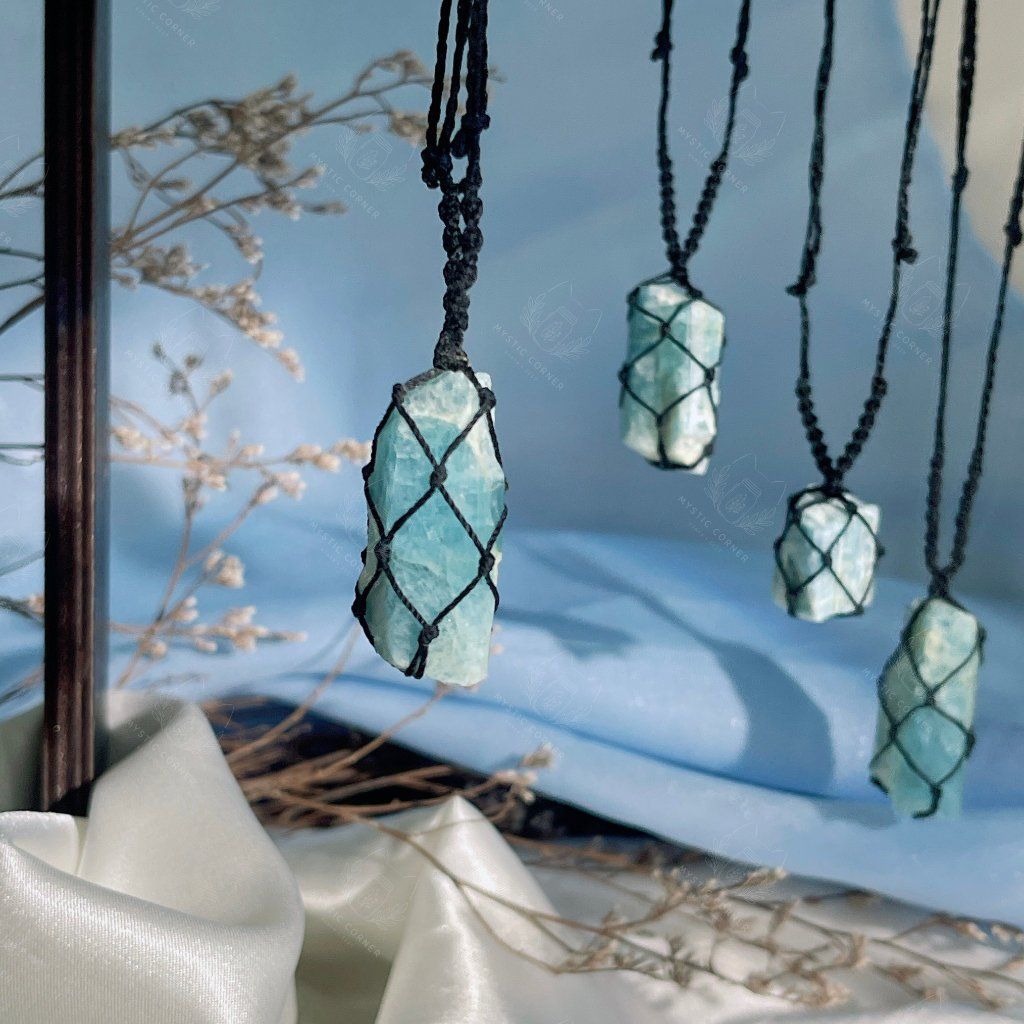  Vòng macrame đá Aquamarine , đá Ngọc Hải Lam 