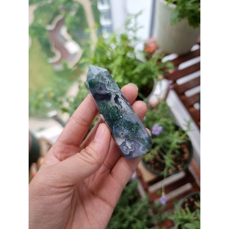  Trụ đá thanh tẩy Moss Agate (mã não rêu) 