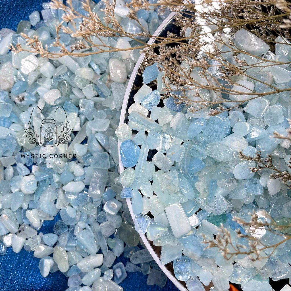  Vụn đá Aquamarine hỗ trợ học tập, luân xa 5, đá thanh tẩy, đá thạch anh, đá phong thuỷ 