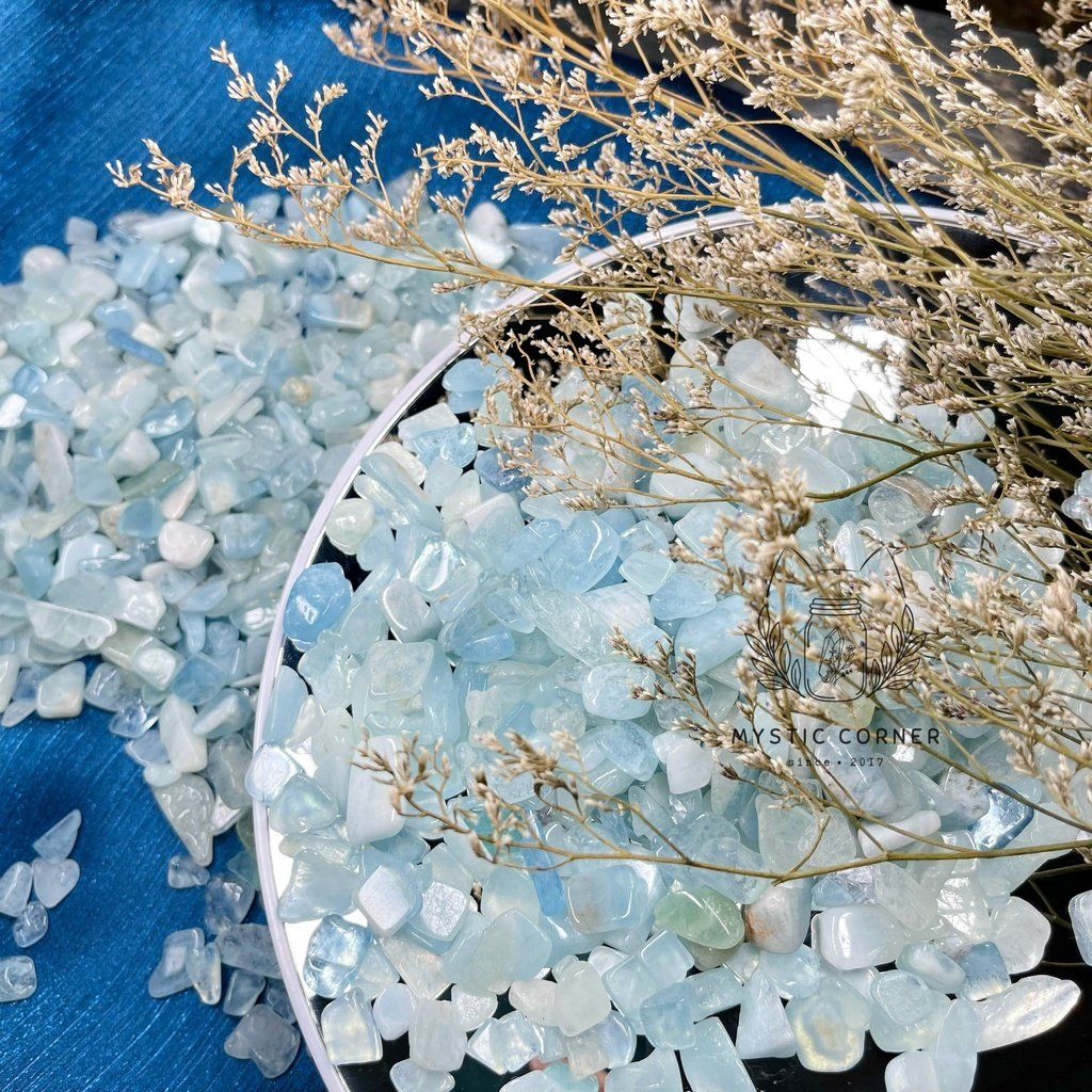  Vụn đá Aquamarine hỗ trợ học tập, luân xa 5, đá thanh tẩy, đá thạch anh, đá phong thuỷ 