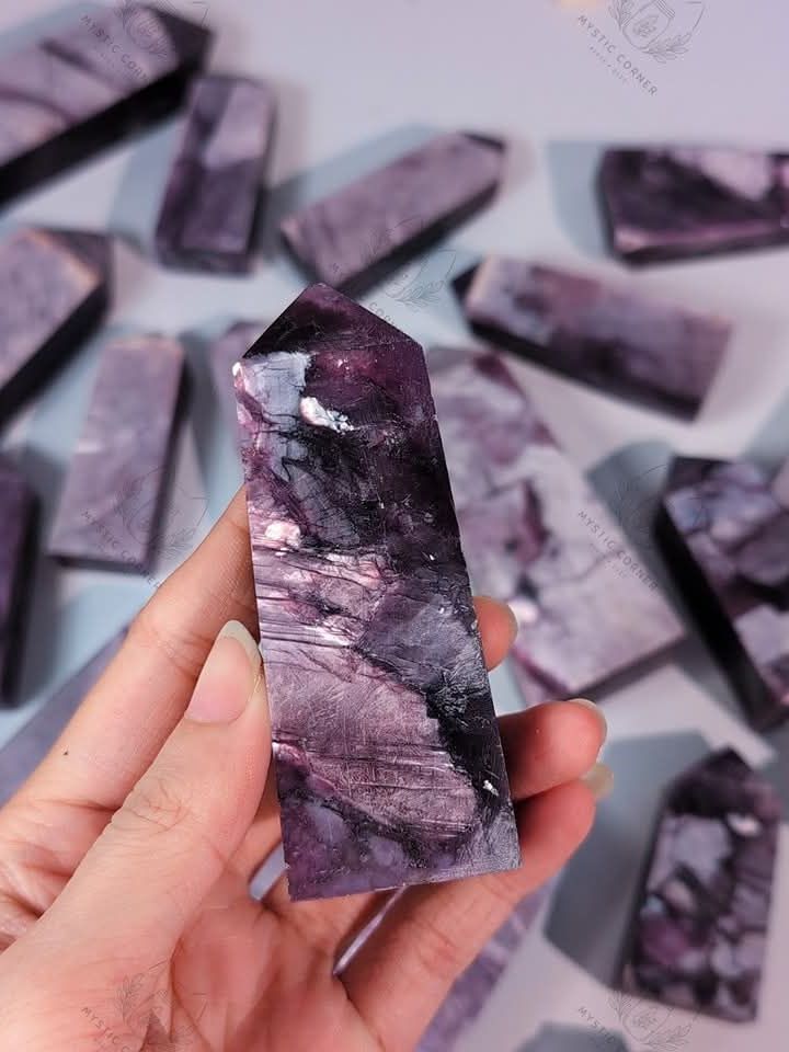  Trụ đá Lepidolite Tím Cộng Sinh Mica tự nhiên, thanh tẩy bài Tarot, trực giác, thiền định, reiki 