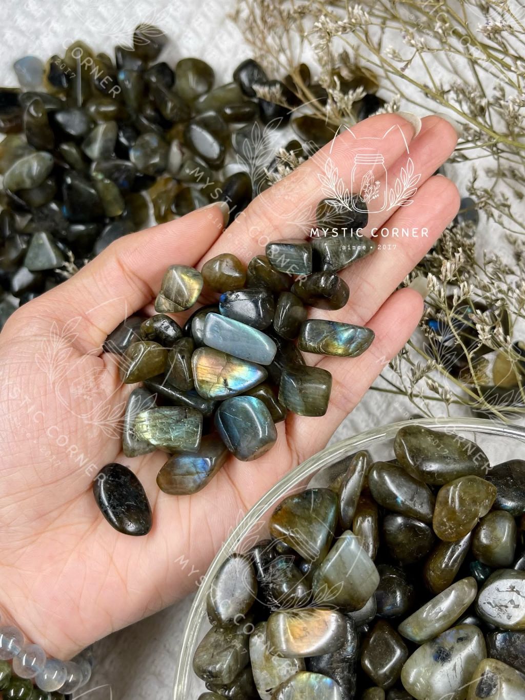  Vụn đá Labradorite 0.5-2cm đá xà cừ, thanh tẩy bài Tarot, thiền định, hỗ trợ trực giác, sáng suốt 
