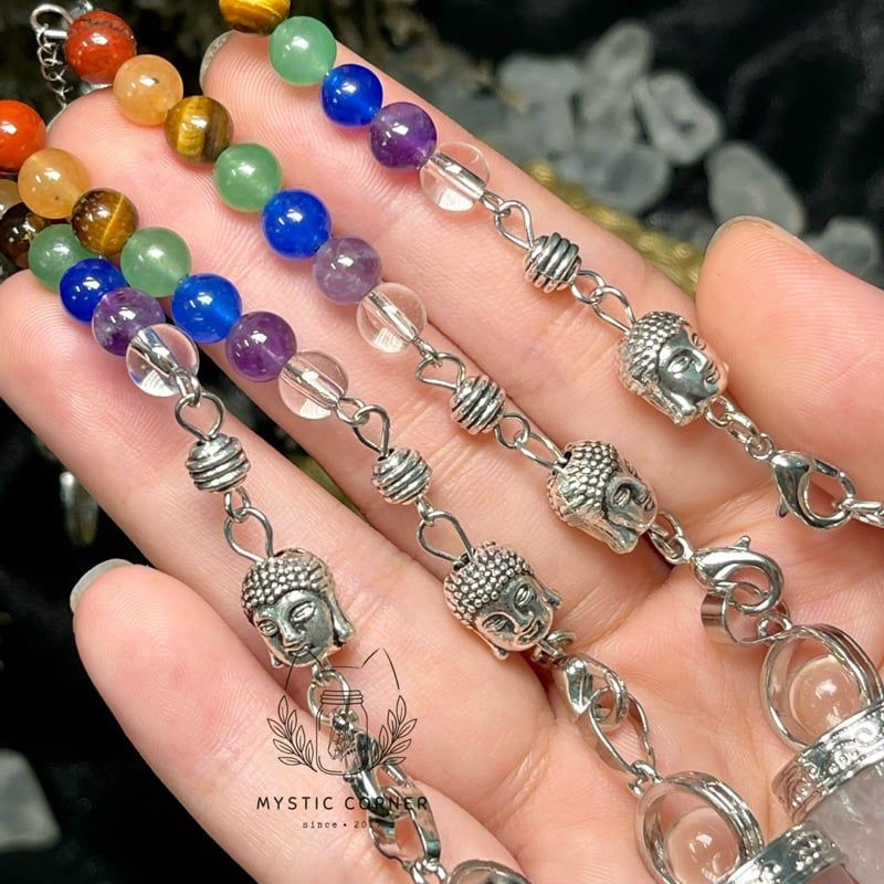  Con lắc cảm xạ đá thạch anh trắng Clear Quartz dây 7 luân xa charm Buddha, Om 