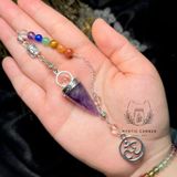  Con lắc cảm xạ đá thạch anh tím Amethyst Quartz dây 7 luân xa charm Buddha, Om 